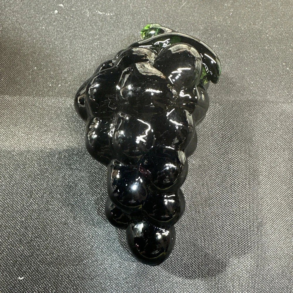 Vintage Dark Purple Glass Grape Clusters Set of 2 Red Glow Green Leaves Decor
